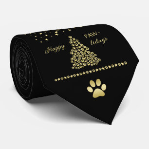 Happy Pawlidays, Gold shiny Paw Christmas tree Neck Tie