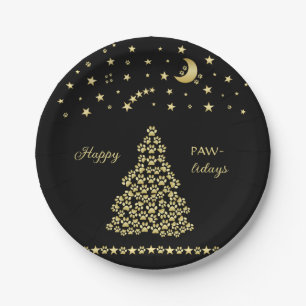 Happy Pawlidays, Gold shiny Paw Christmas tree Paper Plates