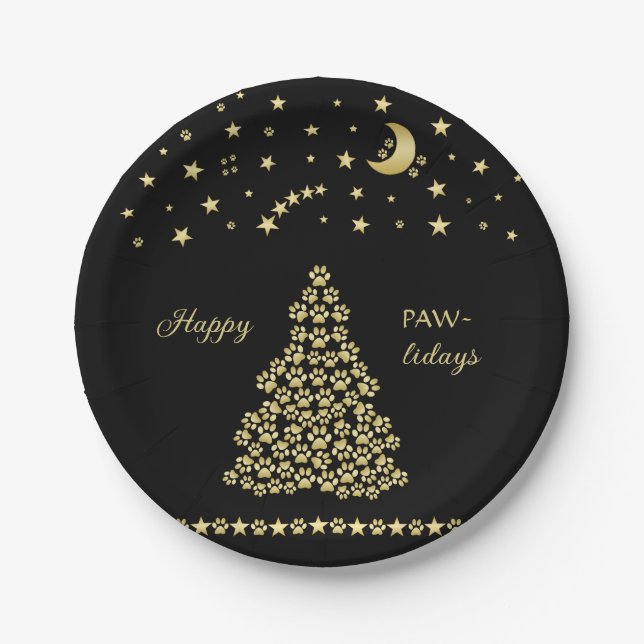 Happy Pawlidays, Gold shiny Paw Christmas tree Paper Plates (Front)