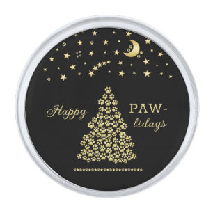 Happy Pawlidays, Gold shiny Paw Christmas tree Silver Finish Lapel Pin