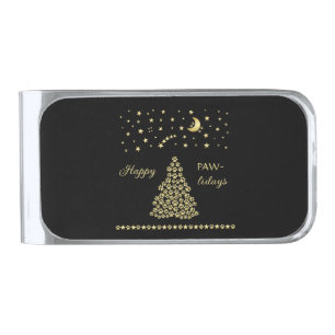 Happy Pawlidays, Gold shiny Paw Christmas tree Silver Finish Money Clip