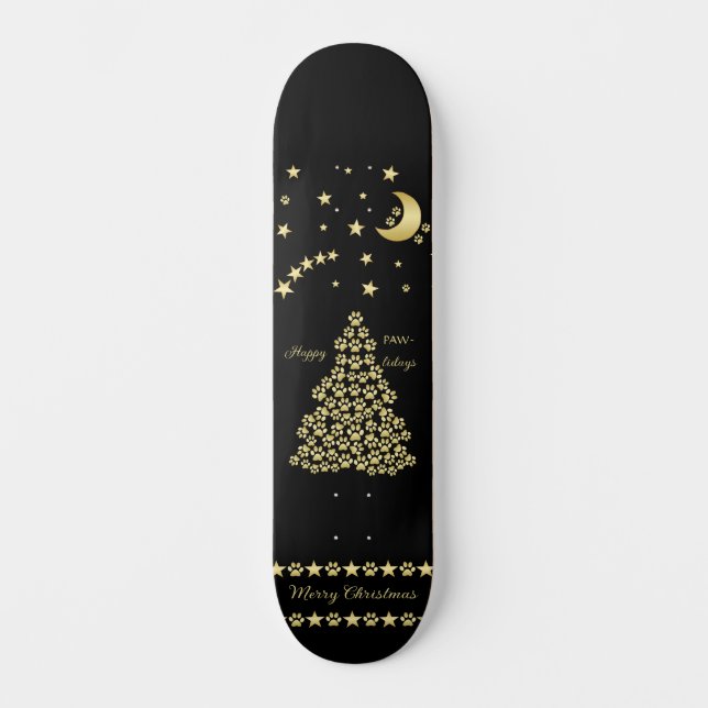 Happy Pawlidays, Gold shiny Paw Christmas tree Skateboard (Front)