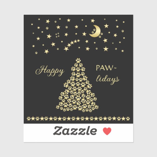 Happy Pawlidays, Gold shiny Paw Christmas tree Sticker (Sheet)