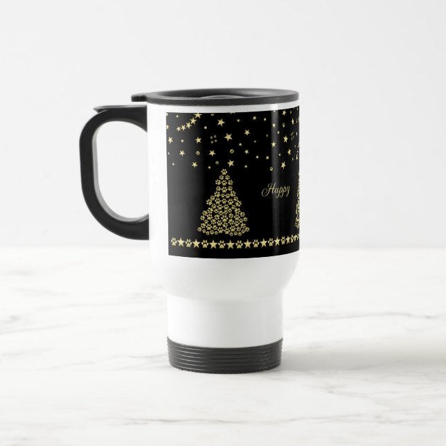Happy Pawlidays, Gold shiny Paw Christmas tree Travel Mug (Left)