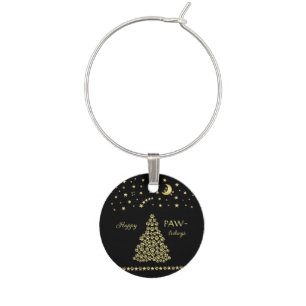 Happy Pawlidays, Gold shiny Paw Christmas tree Wine Charm