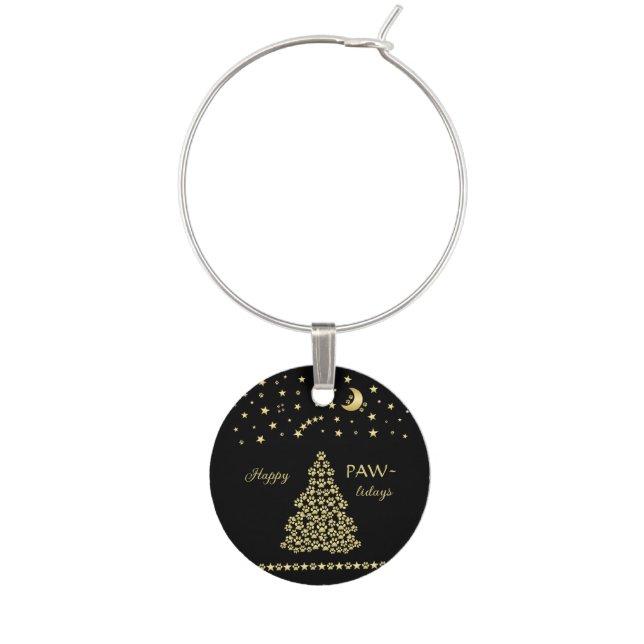 Happy Pawlidays, Gold shiny Paw Christmas tree Wine Charm (Front)