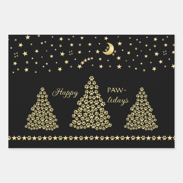 Happy Pawlidays, Gold shiny Paw Christmas tree Wrapping Paper Sheets (Front)