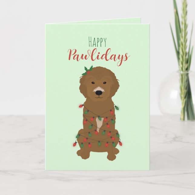 Happy Pawlidays Goldendoodle Christmas Lights Card (Front)