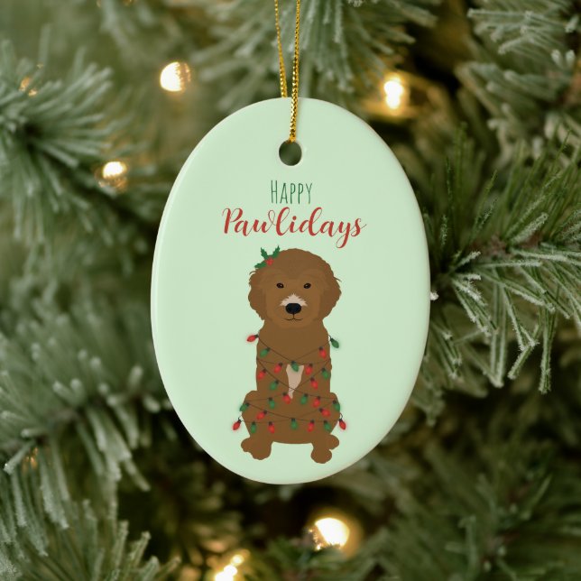 Happy Pawlidays Goldendoodle Christmas Lights Ceramic Ornament (Tree)