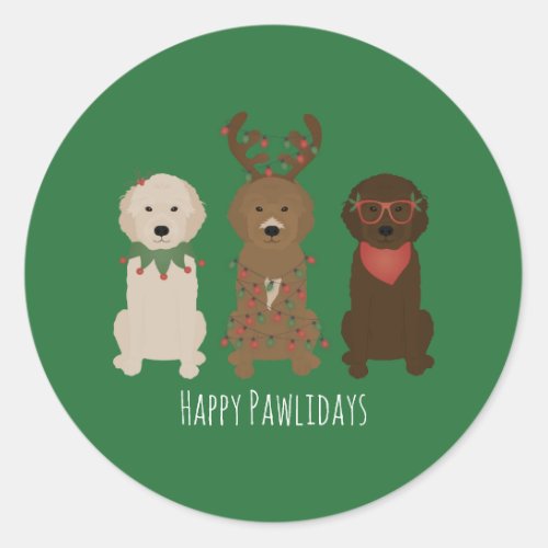 Happy Pawlidays Goldendoodle Christmas Lights Classic Round Sticker