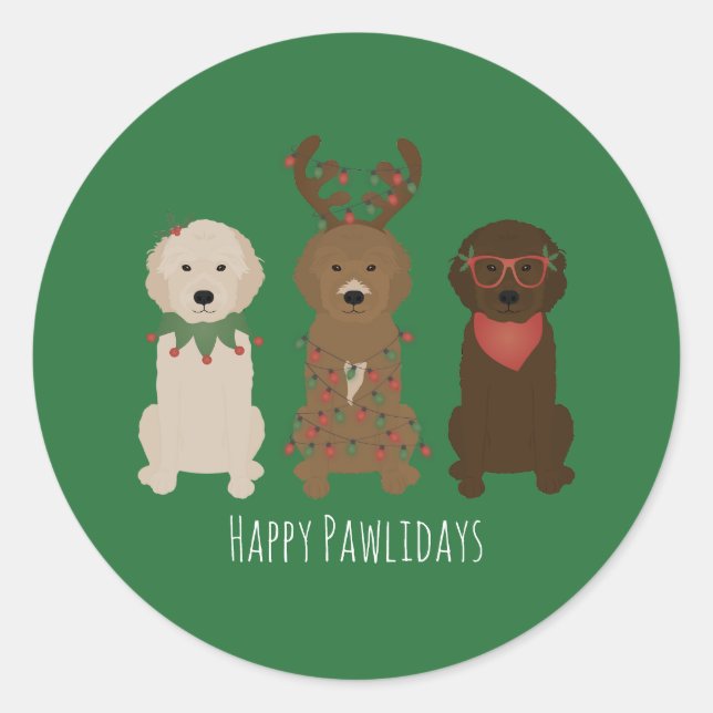 Happy Pawlidays Goldendoodle Christmas Lights Classic Round Sticker (Front)