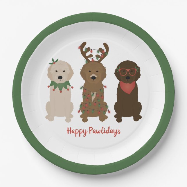 Happy Pawlidays Goldendoodle Christmas Lights Paper Plates (Front)