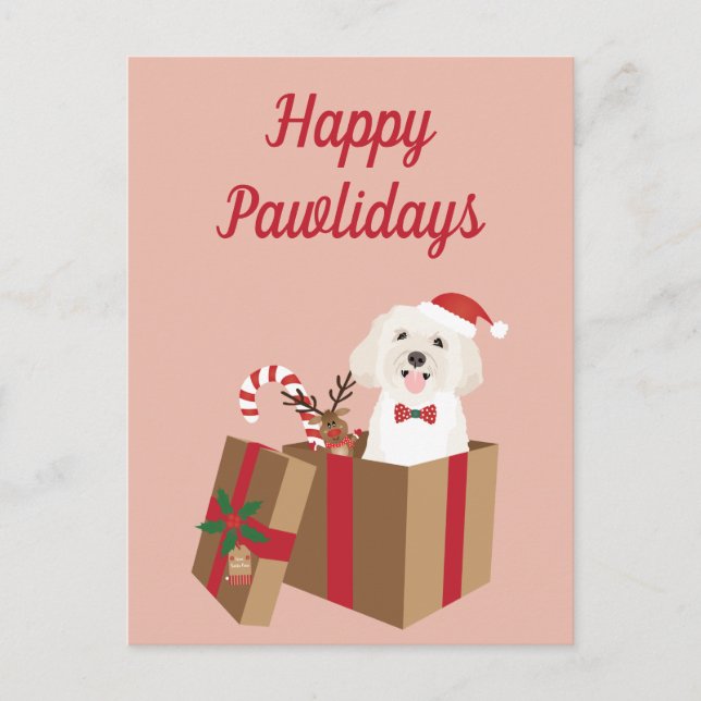 Happy Pawlidays Maltipoo Christmas Present Postcard (Front)