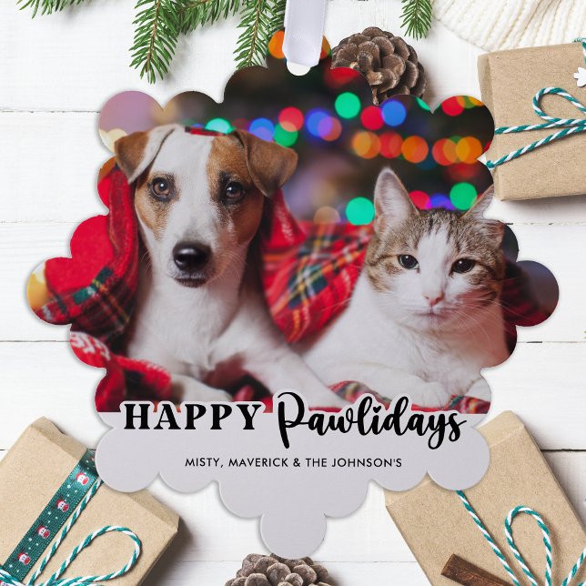 Happy Pawlidays Modern Custom Pet Dog Photo Ornament Card (Creator Uploaded)