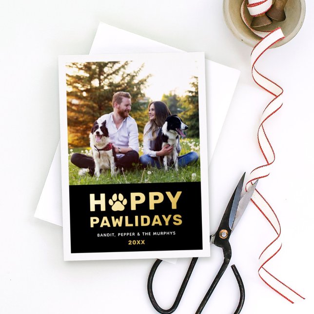Happy Pawlidays Modern Gold Black Puppy Dog Photo Foil Holiday Card (Creator Uploaded)