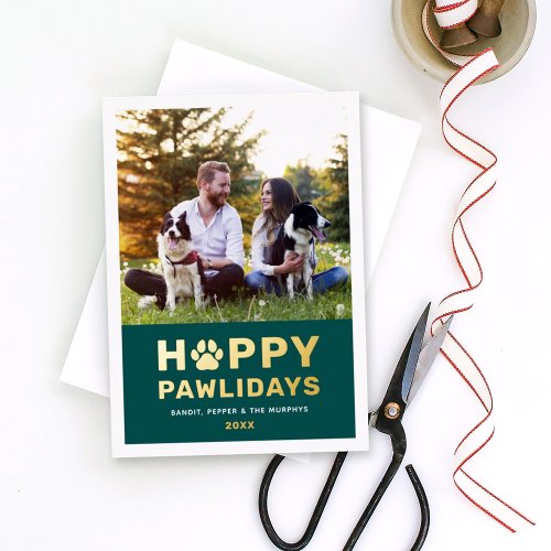 Happy Pawlidays Modern Gold Green Puppy Dog Photo Foil Holiday Card