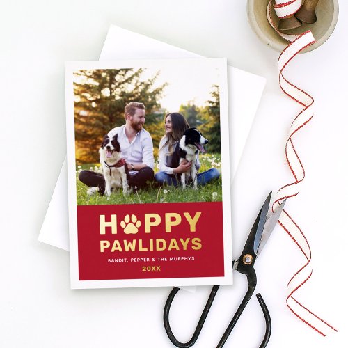Happy Pawlidays Modern Gold Red Puppy Dog Photo Foil Holiday Card
