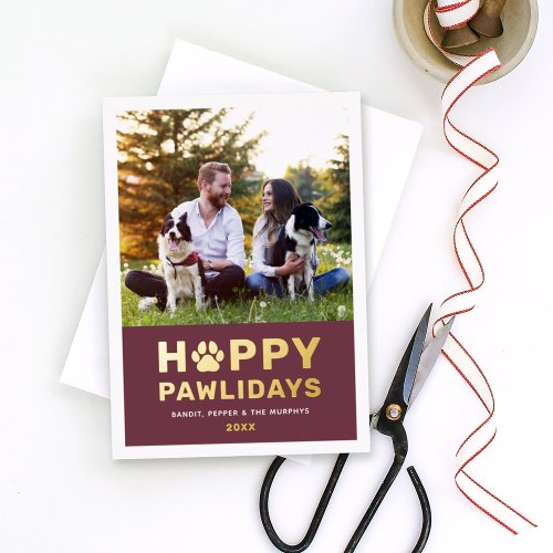 Happy Pawlidays Modern Gold Wine Puppy Dog Photo Foil Holiday Card