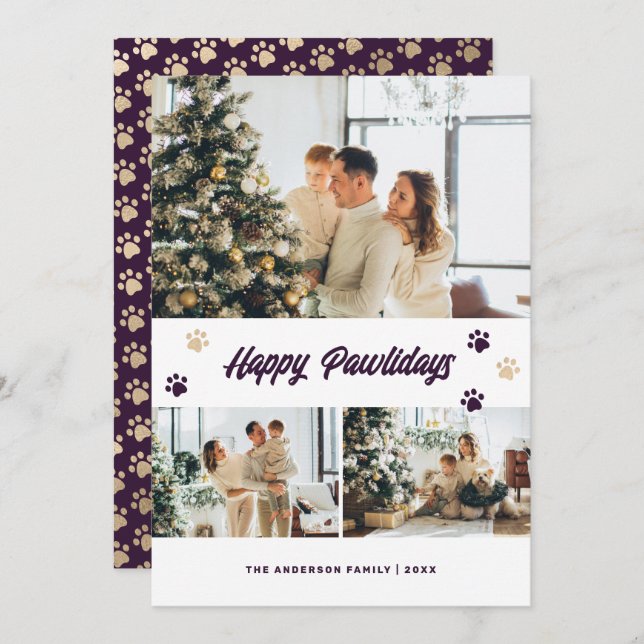 Happy Pawlidays Modern Purple Gold Photo Holiday Card (Front/Back)