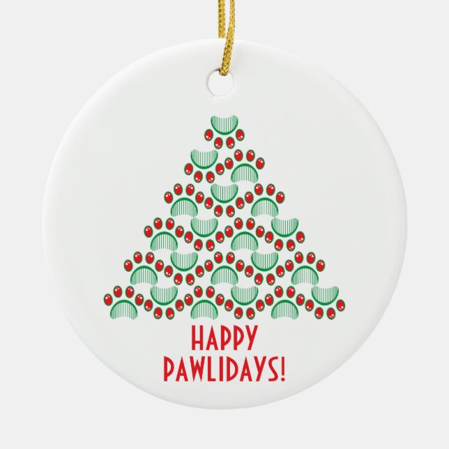 Happy pawlidays, paw print forming Christmas tree Ceramic Ornament (Front)