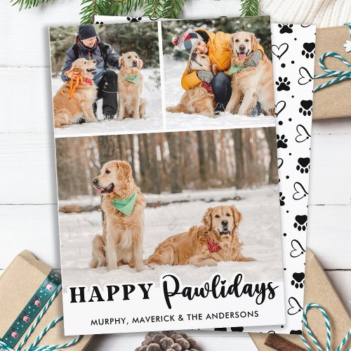 Happy Pawlidays Personalized Cute Pet Dog 3 Photo Holiday Card
