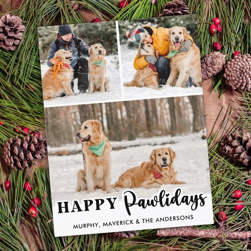 Happy Pawlidays Personalized Cute Pet Dog 3 Photo Holiday Postcard