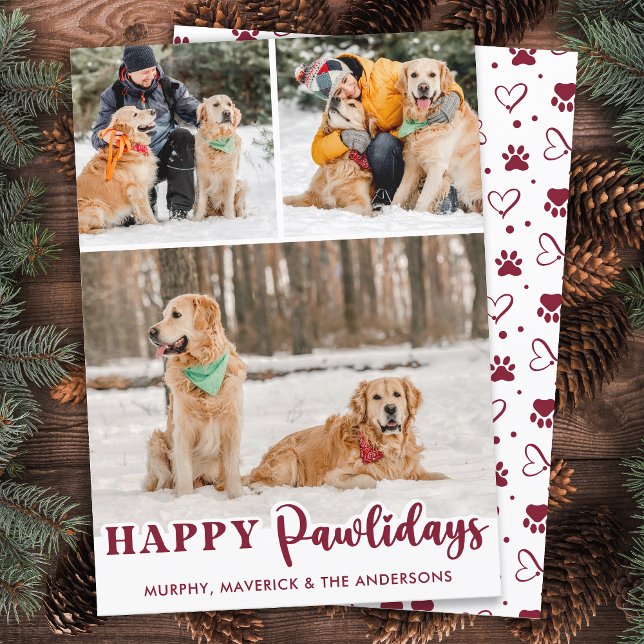 Happy Pawlidays Personalized Modern Dog 3 Photos  Holiday Card (Creator Uploaded)