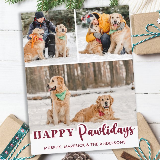Happy Pawlidays Personalized Modern Dog 3 Photos  Holiday Postcard (Creator Uploaded)