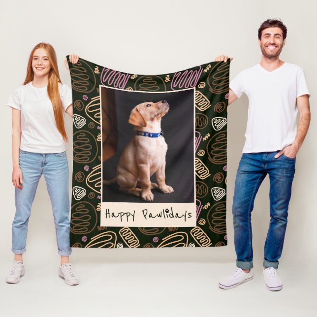 Happy Pawlidays Pink Black One line Pet Photo Fleece Blanket (In Situ)