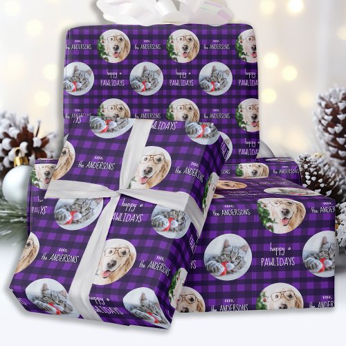 Happy Pawlidays Purple Holiday Plaid Pet Dog Photo Wrapping Paper