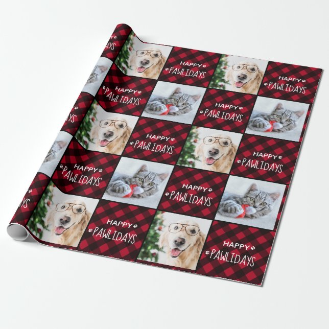 Happy Pawlidays Red Buffalo Plaid Custom 2 Photo   Wrapping Paper (Unrolled)