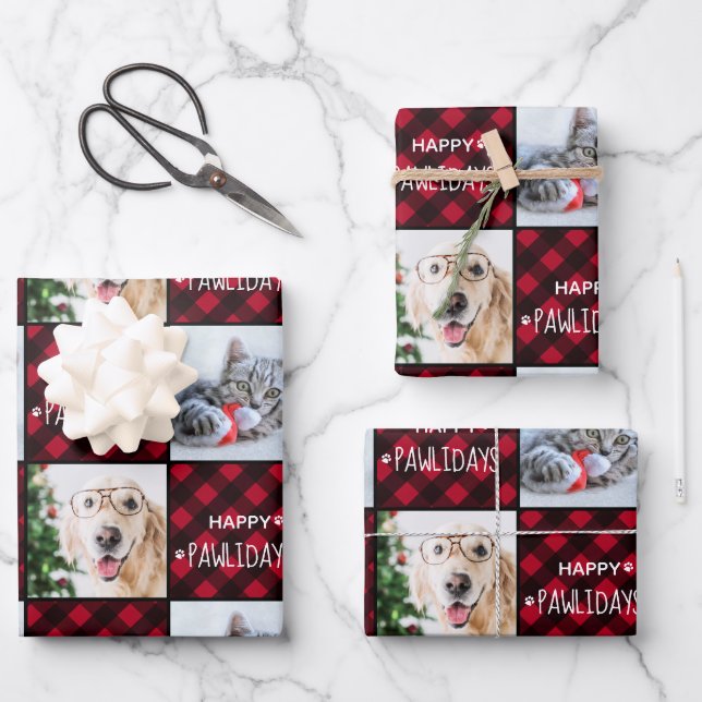 Happy Pawlidays Red Buffalo Plaid Custom 2 Photo Wrapping Paper Sheets (Front)