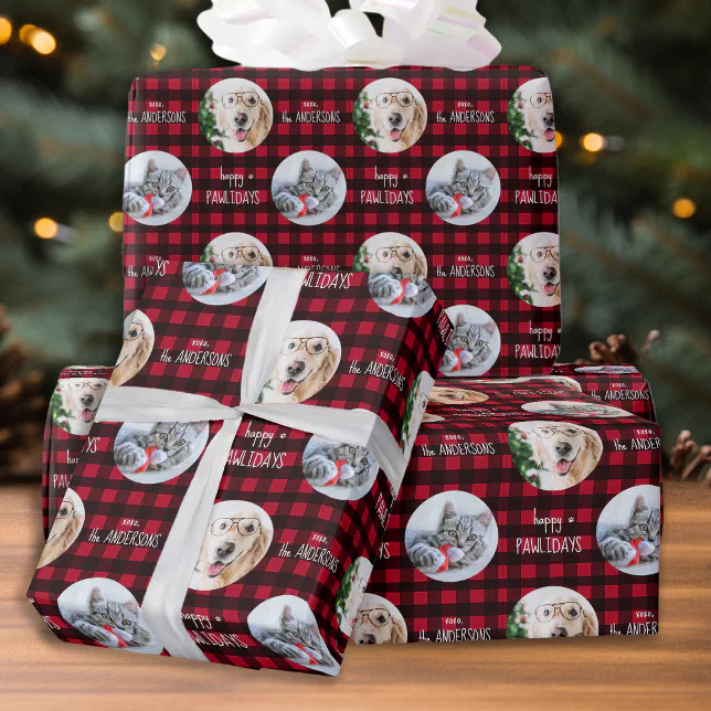 Happy Pawlidays Red Buffalo Plaid Custom Pet Photo Wrapping Paper | Zazzle