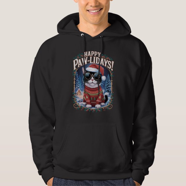 Happy Pawlidays Tuxedo Cat Merry Christmas Holiday Hoodie (Front)