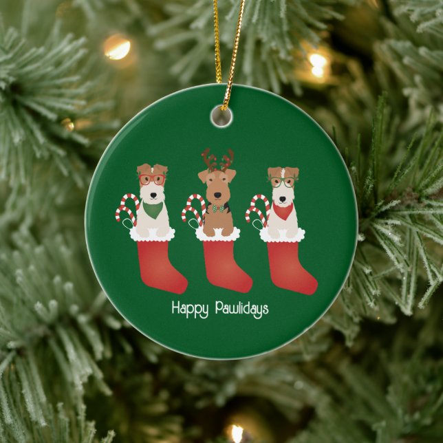 Happy Pawlidays Welsh Wire Fox Terrier Dogs Ceramic Ornament (Tree)