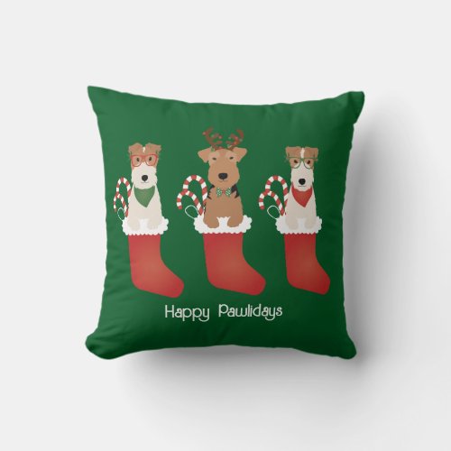 Happy Pawlidays Welsh Wire Fox Terrier Dogs Throw Pillow