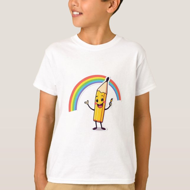 Happy Pencil with Rainbow - Cheerful Cartoon T-Shirt (Front)