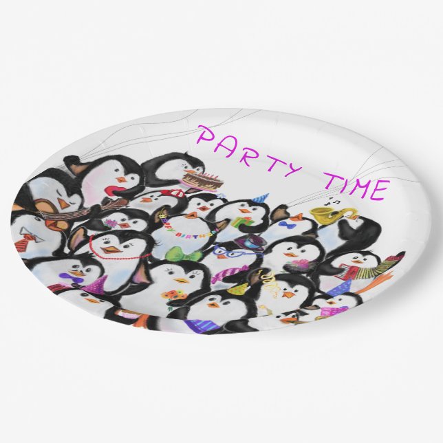 Happy Penguin Birthday Party Paper Plates (Angled)
