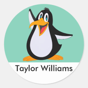 Happy Penguin Cartoon With Custom Name Classic Round Sticker