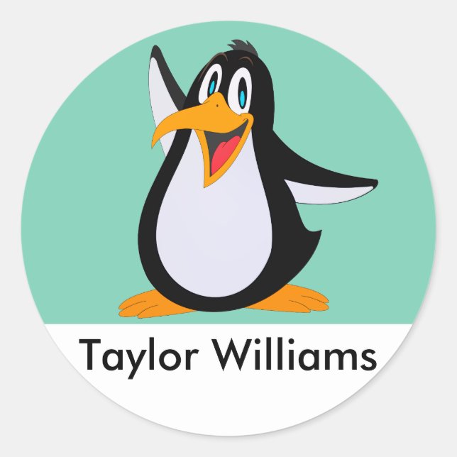 Happy Penguin Cartoon With Custom Name Classic Round Sticker (Front)