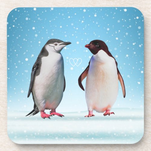 Happy Penguin Couple and Hearts Beverage Coaster