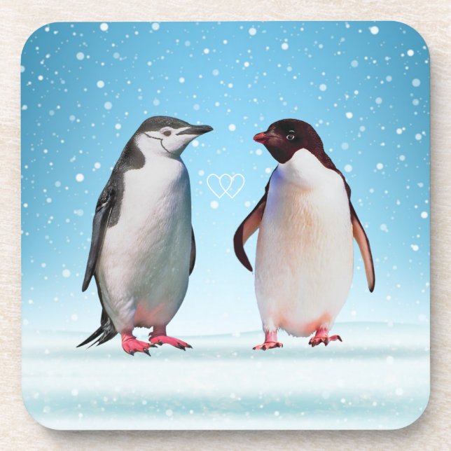 Happy Penguin Couple and Hearts Beverage Coaster (Front)