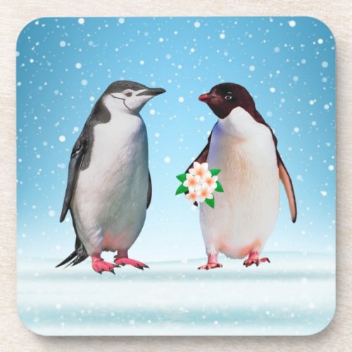 Happy Penguin Couple One Holding Flowers Beverage Coaster