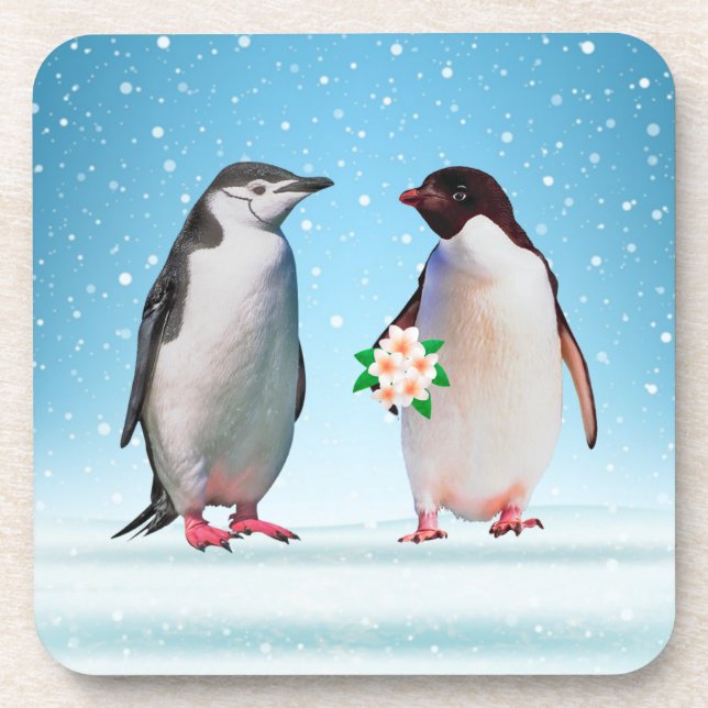 Happy Penguin Couple, One Holding Flowers Beverage Coaster (Front)