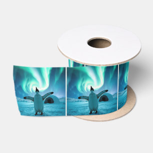 Happy Penguin Dancing Under Northern Lights Satin Ribbon