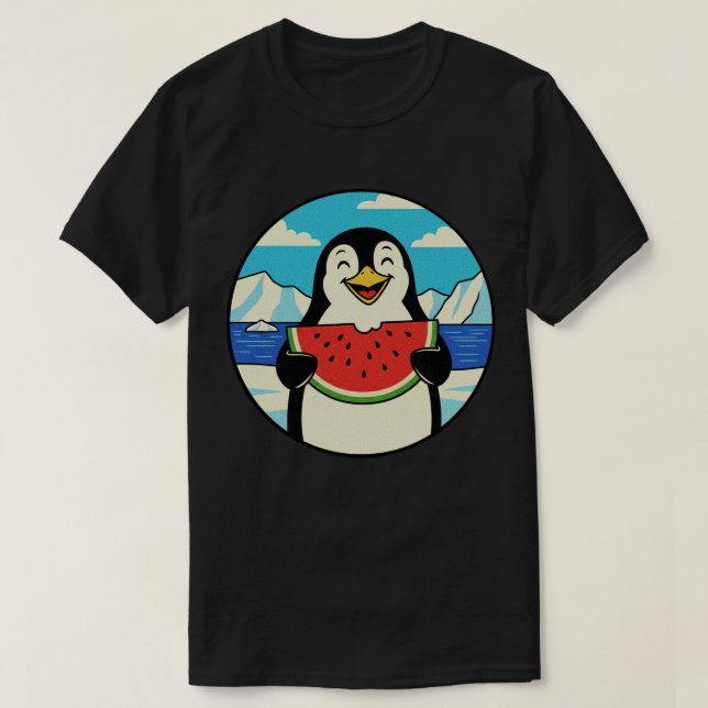 Happy Penguin Eating Watermelon - Summer Vibes T-Shirt (Design Front)