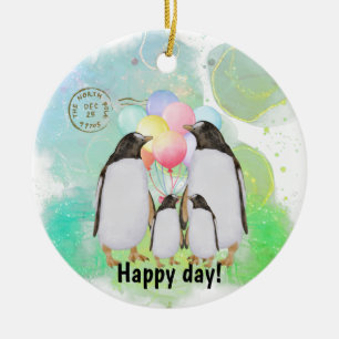 Happy penguin family with colorful balloons ceramic ornament