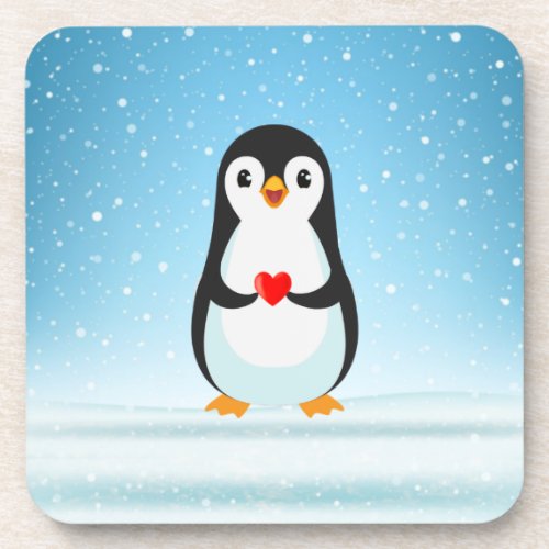 Happy Penguin Holding a Heart Beverage Coaster