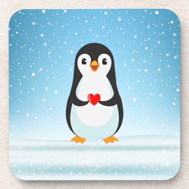 Happy Penguin Holding a Heart Beverage Coaster (Front)