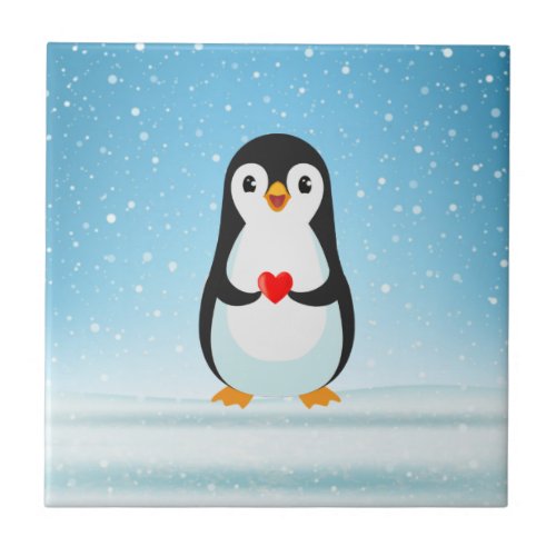 Happy Penguin Holding a Heart Ceramic Tile